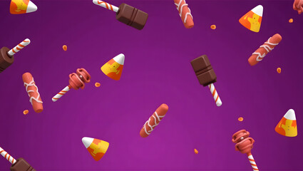 A Festive Halloween Display of Assorted Candies Floating Against a Vibrant Purple Background, Evoking a Sense of Spooky Fun and Sweet Indulgence