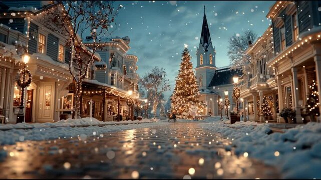 Snowy town street christmas lights