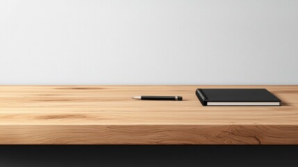 A wooden table with a black notebook and pen on it.