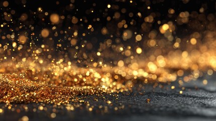 Obraz premium Golden glitter sparkles and glows, cascading on dark surface
