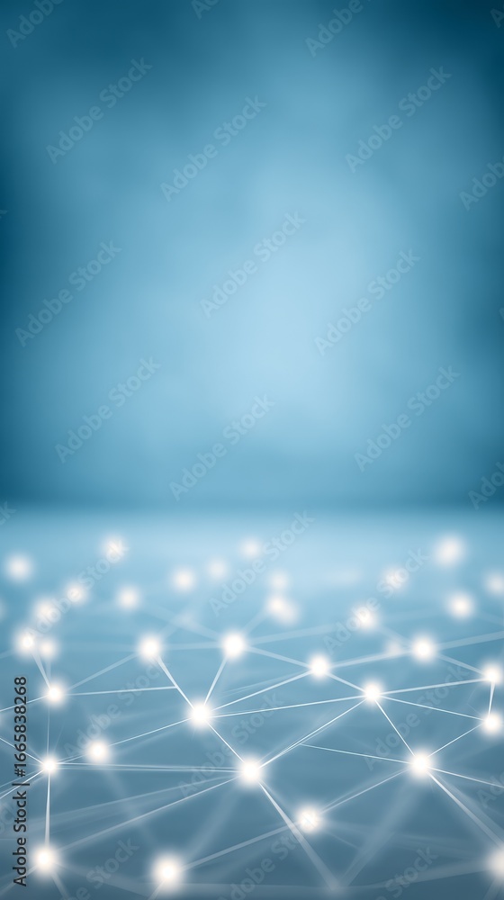 Poster expansive abstract digital illustration featuring a deep blue background with intersecting white lin