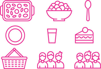 Food and Drink Icons Set Pink Outline Style Elements with Transparent Background