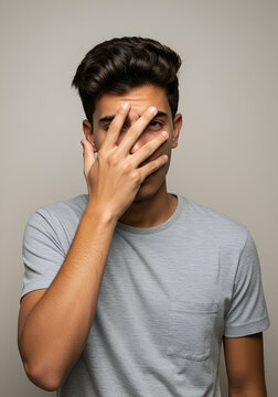Young man covering his face with hands in a neutral gray tee shirt against a plain background. Teenage male hiding his face with hands in front of his face in studio setting.