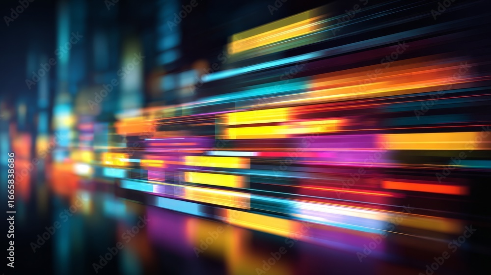 Poster atmospheric nighttime cityscape captured in a soft out of focus blur with trails of light creating a