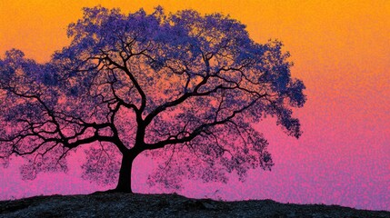 Abstract purple tree silhouette against sunset