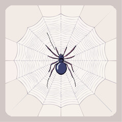 Detailed vector illustration of a single large spider resting in the center of its perfectly symmetrical and intricate web