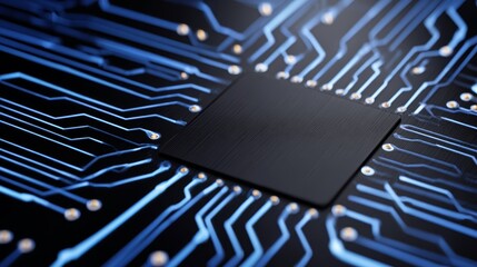 Intricate electronic pathways on a futuristic circuit board featuring a mesmerizing design of black and blue conductive traces showcasing the complexity of modern hardware engineering.