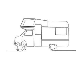 Continuous line art drawing of motor caravan vehicle. Camper van in single line art drawing vector illustration. Editable stroke.