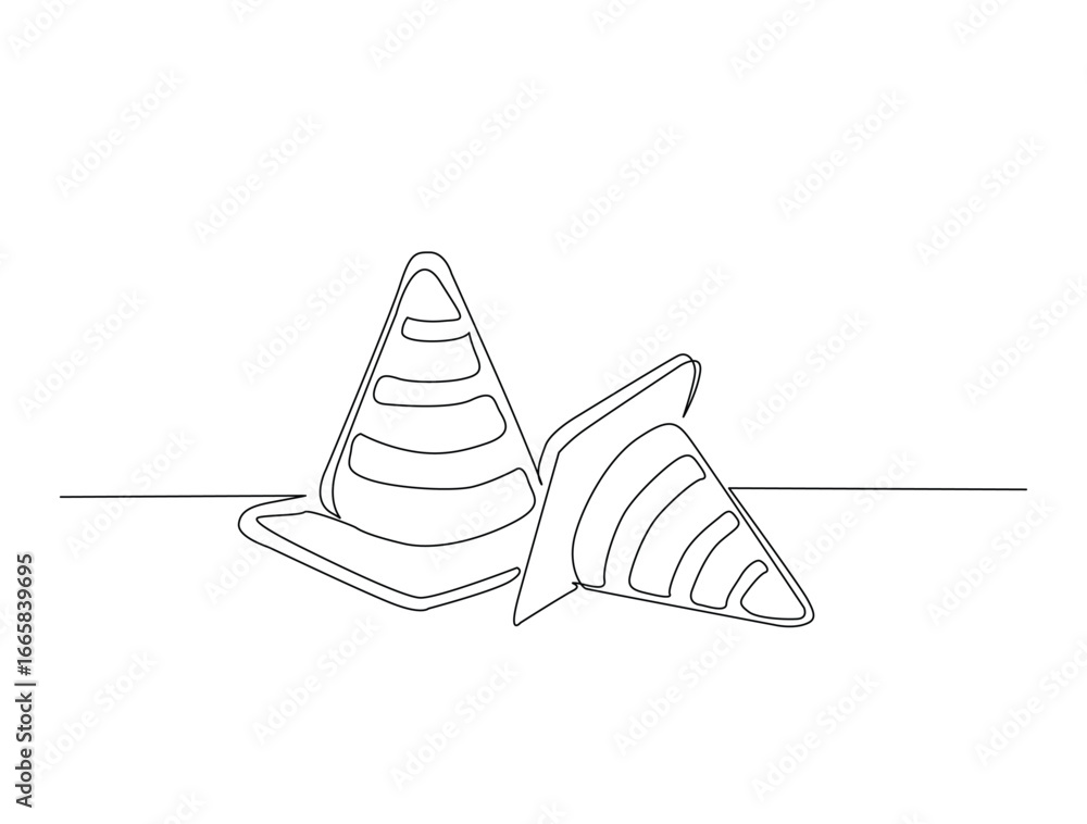 Poster continuous line art drawing of pylons or traffic cone. traffic cone in single line art drawing vecto