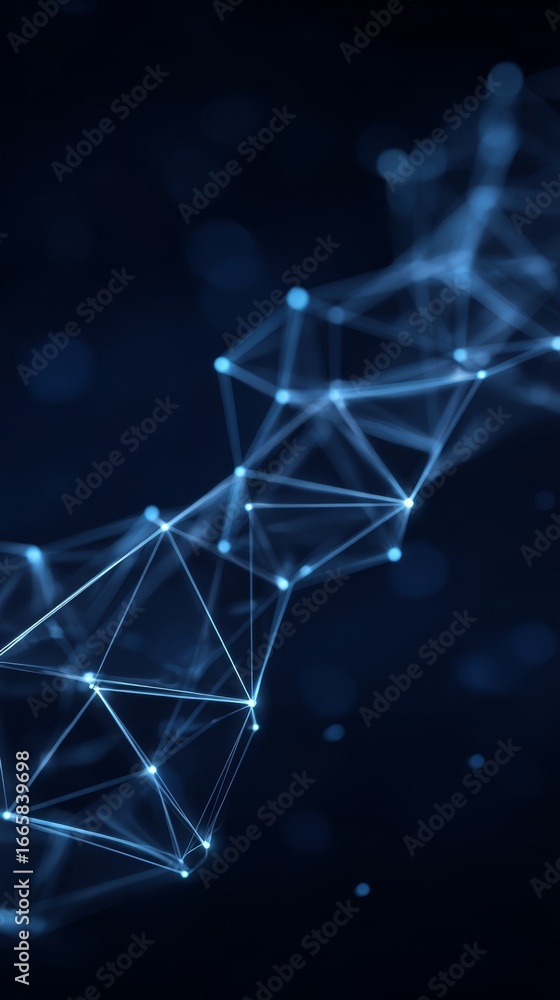 Poster expansive digital landscape showcasing an intricate network of interconnected polygonal shapes and a