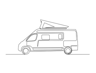 Continuous line art drawing of motor caravan vehicle. Camper van in single line art drawing vector illustration. Editable stroke.