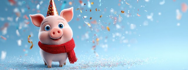 Playful cartoon pig enjoying a confetti celebration