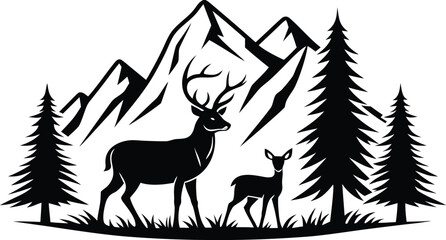 Majestic Deer Family in Mountain Forest Silhouette