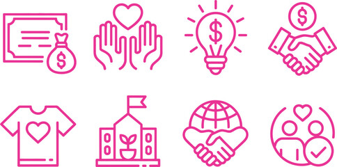 Line Art Icons Set Hands, Heart, Money Bag, Handshake, Global, School, and More