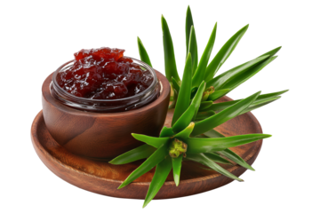 Pandanus fruit paste in wooden bowl with fresh pandanus leaves and fruit on wooden plate, isolated on white transparent background, concept of tropical cooking