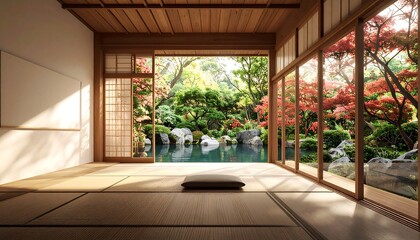 A serene Japanese-style room, bathed in natural light, overlooks a tranquil garden with a pond and colorful autumn trees.