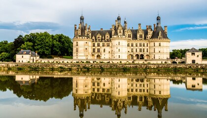 Obraz premium A magnificent chateau stands majestically beside a calm river, its reflection mirrored perfectly on the water's surface, bathed in the soft light of a beautiful summer day.