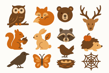 Fototapeta premium Cute woodland animals: owl, fox, bear, deer, squirrel, rabbit, raccoon, hedgehog, bird, butterfly