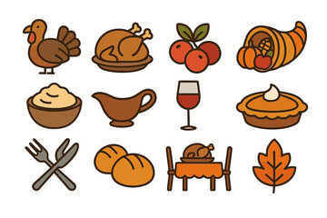Thanksgiving icons: turkey, pumpkin pie, harvest cornucopia, wine, gravy