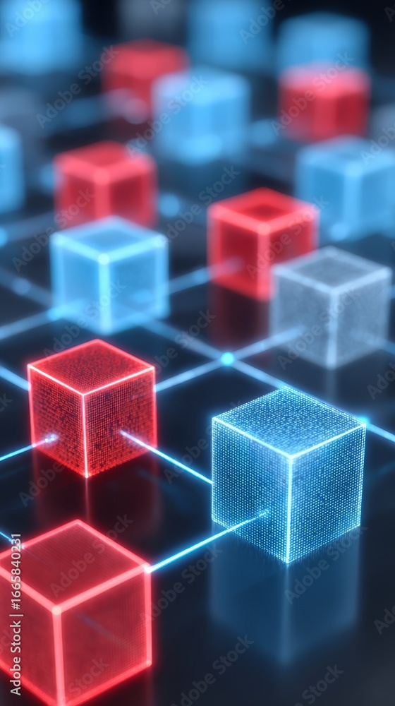 Poster an abstract digital art composition featuring a cluster of geometric cubes glowing with vibrant red 