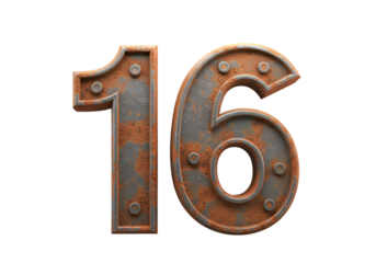 Isolated Rusty Sixteen Numeral on Transparent Background Photo