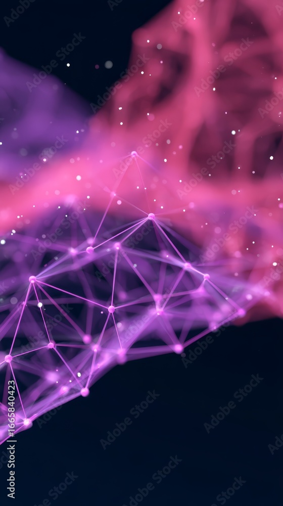 Poster abstract futuristic digital art background with a complex network of glowing purple lines on a dark 