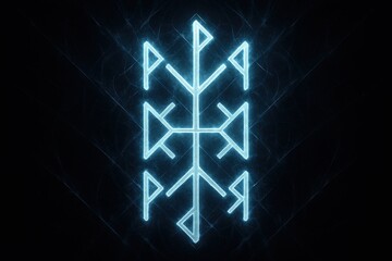 Fototapeta premium Futuristic glowing runic totem in neon blue light, abstract digital symbol with mystical geometry on dark background.