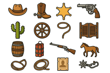 Western icons collection: cowboy hat, boots, sheriff badge, revolver, cactus