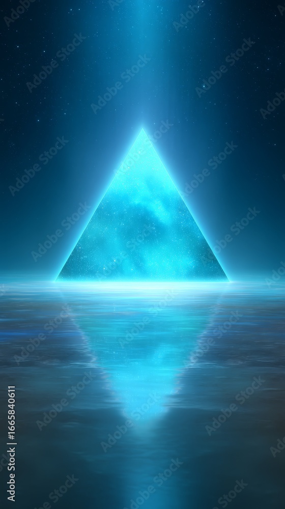 Poster minimalist geometric abstraction featuring a vibrant blue triangle floating above a calm surface cas