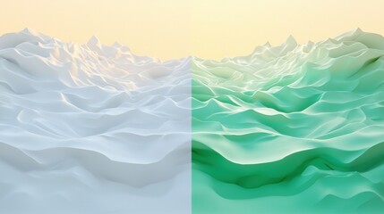 Obraz premium A 3D rendering of a landscape with two distinct color palettes, one white and one green, creating a visually striking contrast.
