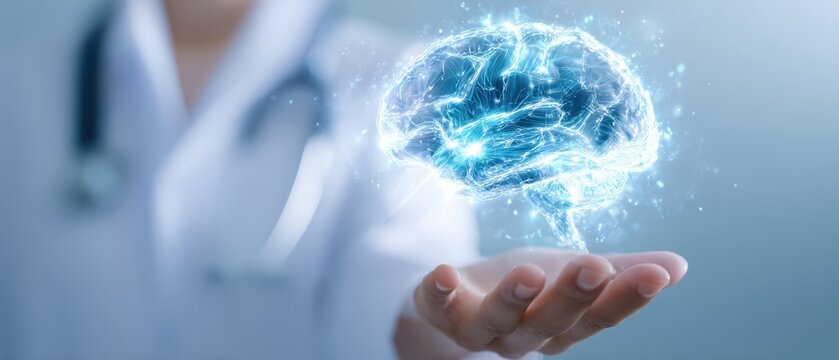 The brain hologram floating above a doctor's hand symbolizing digital neuroscience innovation