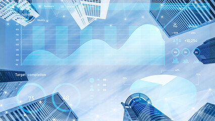A unique view of a modern cityscape featuring towering buildings combined with financial data overlays, illustrating a blend of urban life and business analytics. Impute