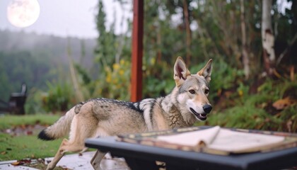 Obraz premium Wolfdog Moonlight Garden Outdoor Play.