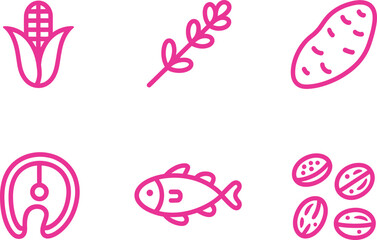 Pink Food Icon Set on White Corn, Branch, Potato, Salmon Slice, Fish, Beans