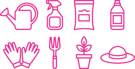 Pink Gardening Tools Icons Watering Can, Gloves, Rake, Plant, Spray on White © MDABDUS