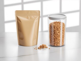 Food Packaging Mockup with Snack Pouch and Container on White Surface
