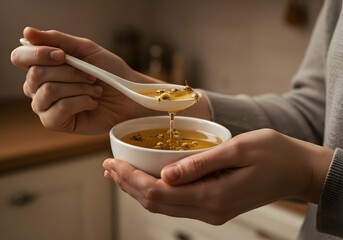 A close-up photo of a spoon holding seeds floating in milk thistle tea. Symbolizing food, drink, health, and the natural healing properties of dried herb flowers.