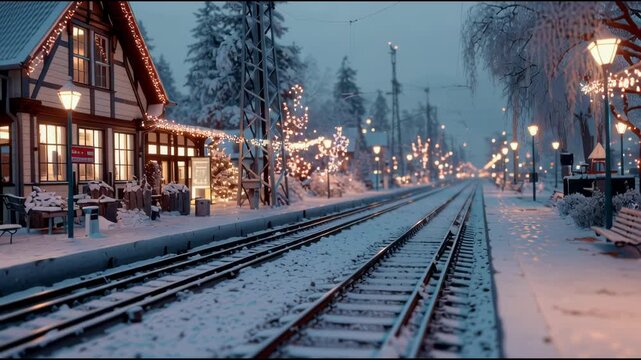Snowy train station at night