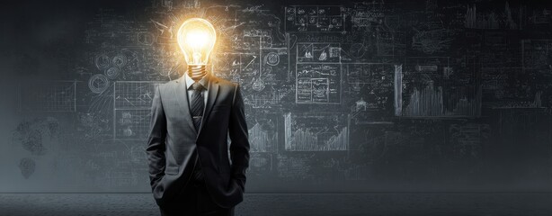 The businessman with an illuminated light bulb head representing innovation and creative thinking