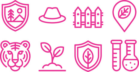 Pink Icon Set of Tiger, Landscape Shield, Hat, Fence, Plant, Lab, and Leaf Locator