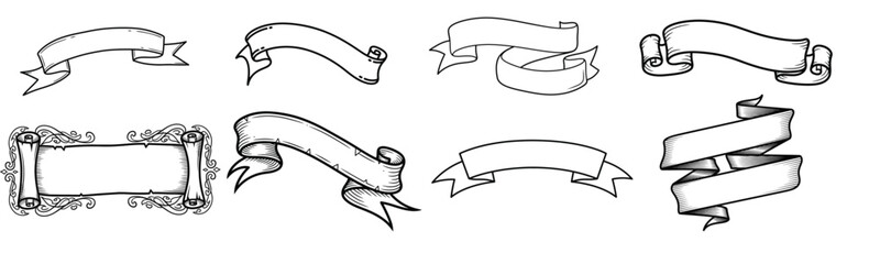 A curated collection of eight vintage-style banners and scrolls. Hand-drawn line art set features diverse designs, from simple ribbons to ornate parchments, perfect for logos, titles, invitations.