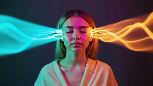 Calm Woman with Energy Rays Emitting from Her Third Eye and Temples