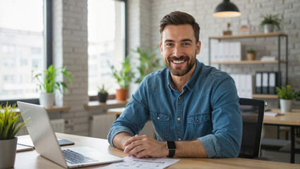 Fototapeta premium Casual businessman smiling at laptop in office