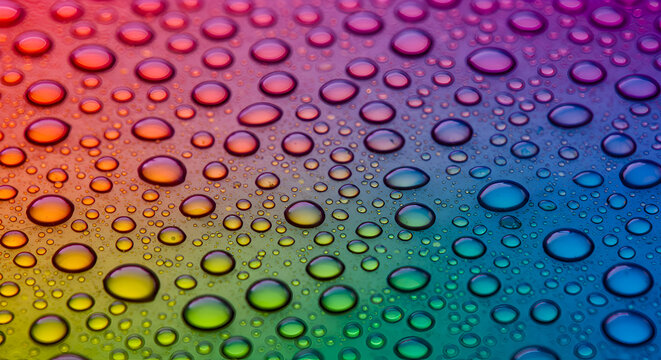 Rainbow water droplets on a surface displaying vibrant color reflections. Close-up view of water droplets, showcasing a spectrum of colors against a gradient background.