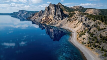 Crater lake with pumice-gray shores and perfect symmetry