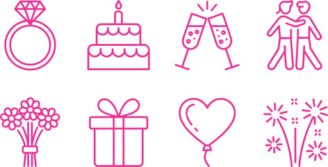 Pink Line Icons Ring, Cake, Champagne, Couple, Bouquet, Gift, Heart Balloon, Fireworks