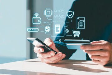 Modern digital business technology online shopping concept with smartphone and credit card user interface icons
