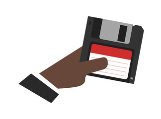 Floppy disk in hand,  Magnetic diskette. Digital data device. Flat style. White background.eps