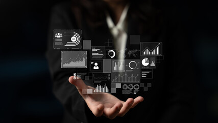 Data insights, charts, and analytics help visualize performance. Data drives strategy, analytics enhances growth, and data improves business outcomes through analytics. Latch