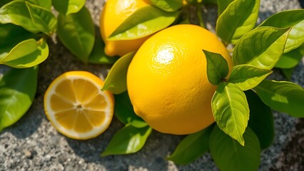 Bright yellow lemon with green leaves on a stone surface, captured in natural daylight from above.